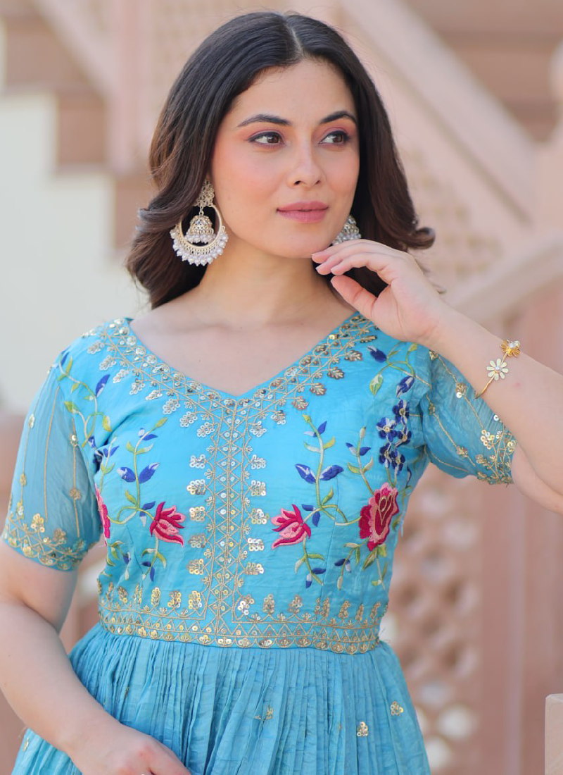 Captivating Tissue Silk Multi Thread Embroidery Work Sky Blue Gown