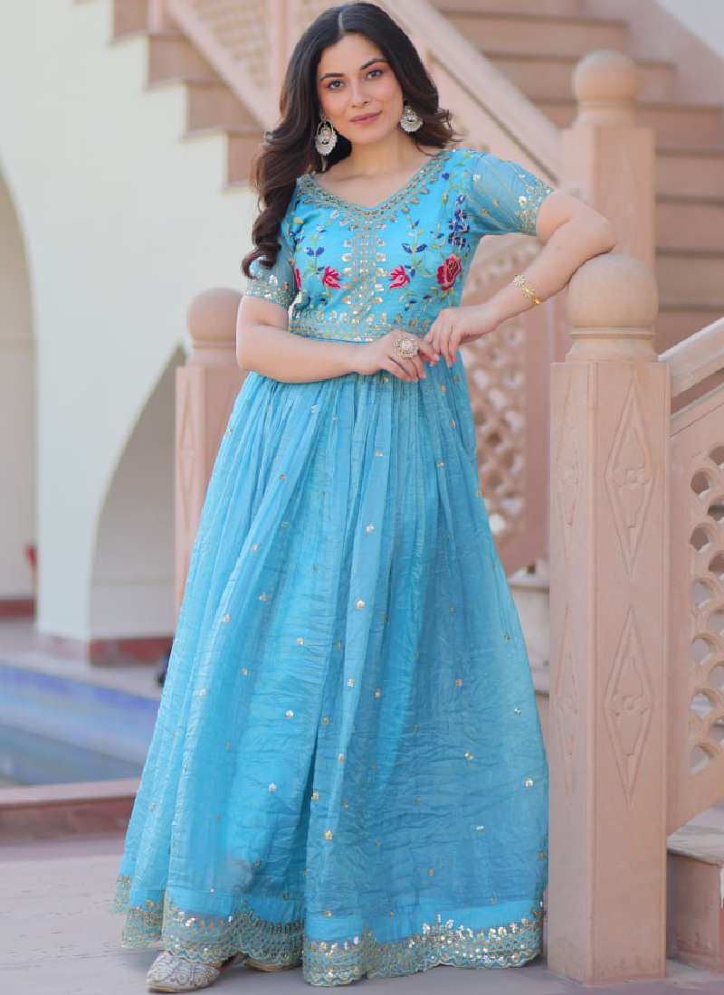 Captivating Tissue Silk Multi Thread Embroidery Work Sky Blue Gown