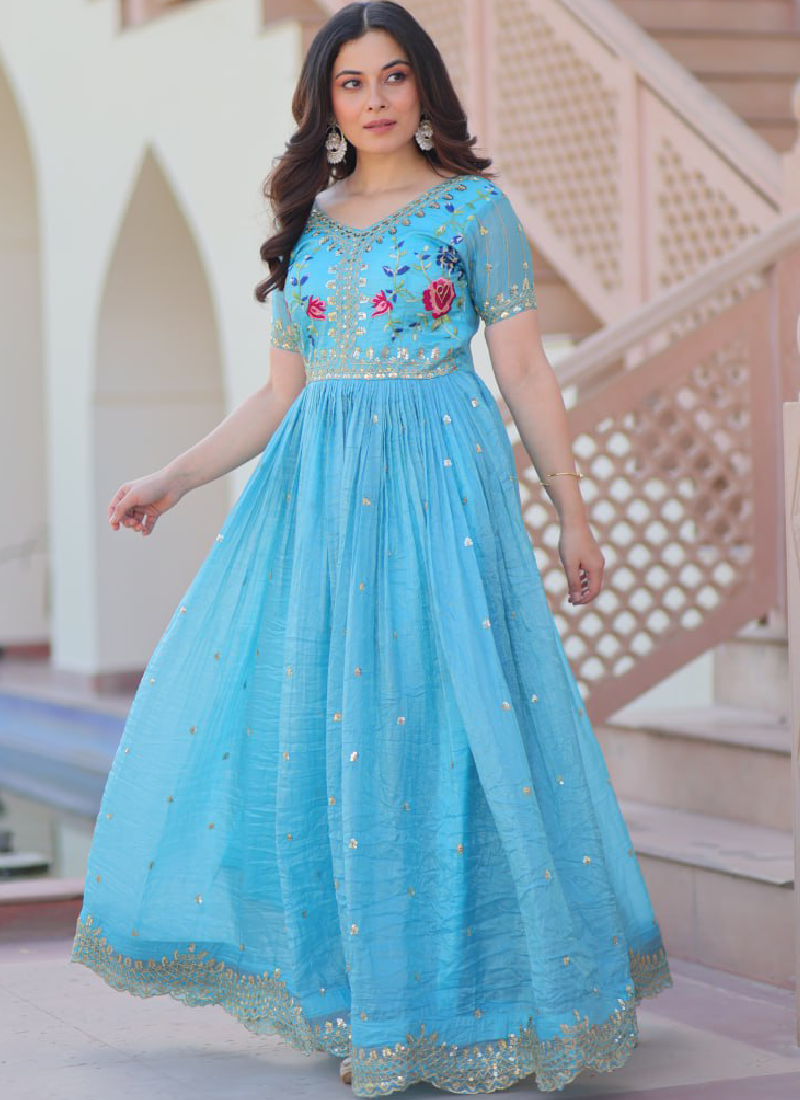 Captivating Tissue Silk Multi Thread Embroidery Work Sky Blue Gown
