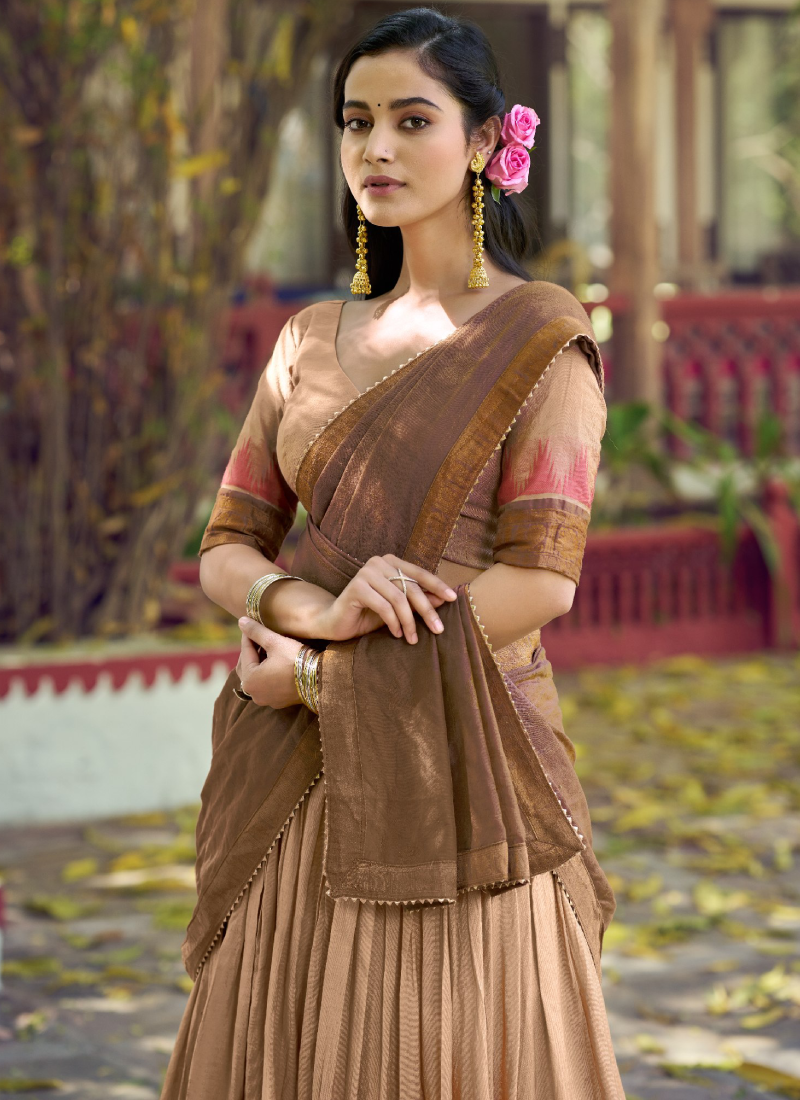 Chanderi Cream Poly Dyeable Zari Weaving South Indian Style Lehenga