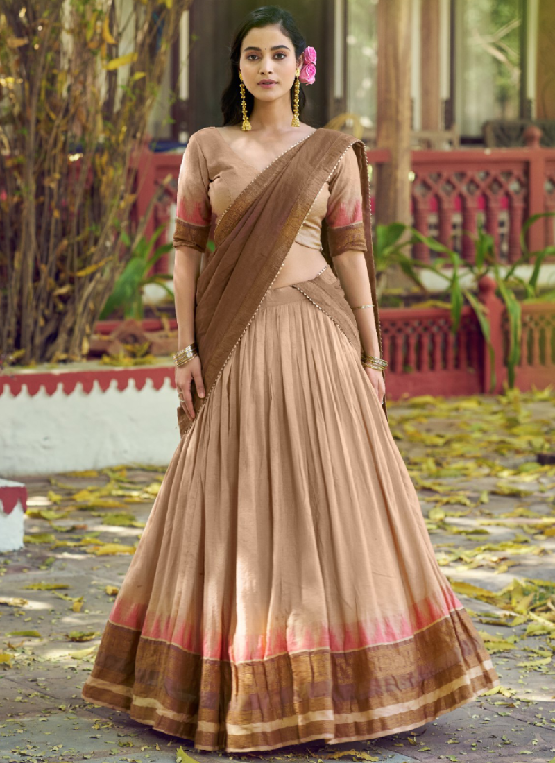 Chanderi Cream Poly Dyeable Zari Weaving South Indian Style Lehenga