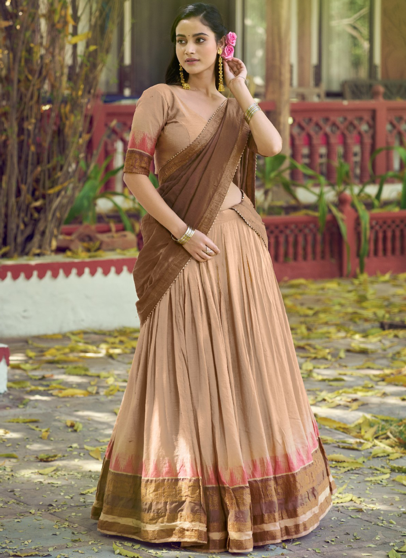 Chanderi Cream Poly Dyeable Zari Weaving South Indian Style Lehenga