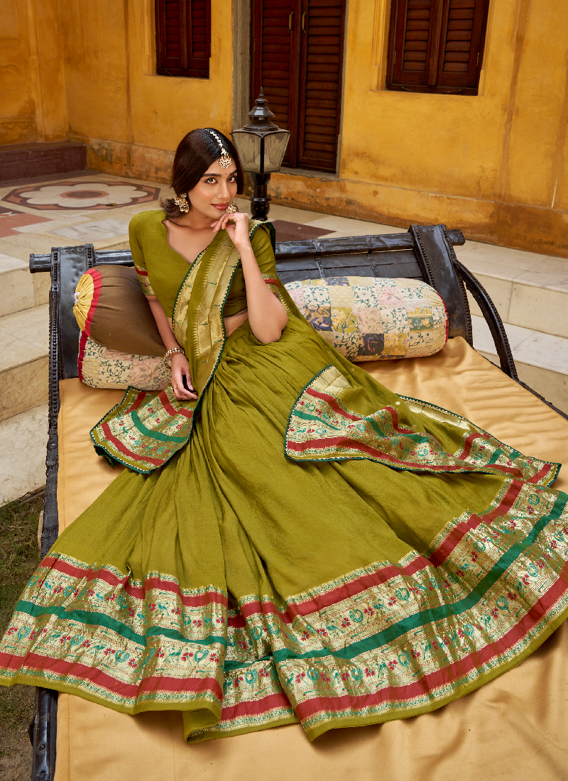Chanderi Zari Weaving Work Mehendi Green South Indian Lehenga Choli