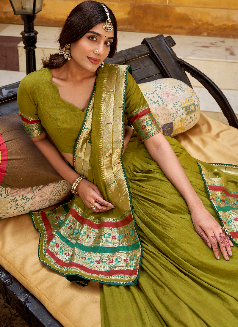 Chanderi Zari Weaving Work Mehendi Green South Indian Lehenga Choli
