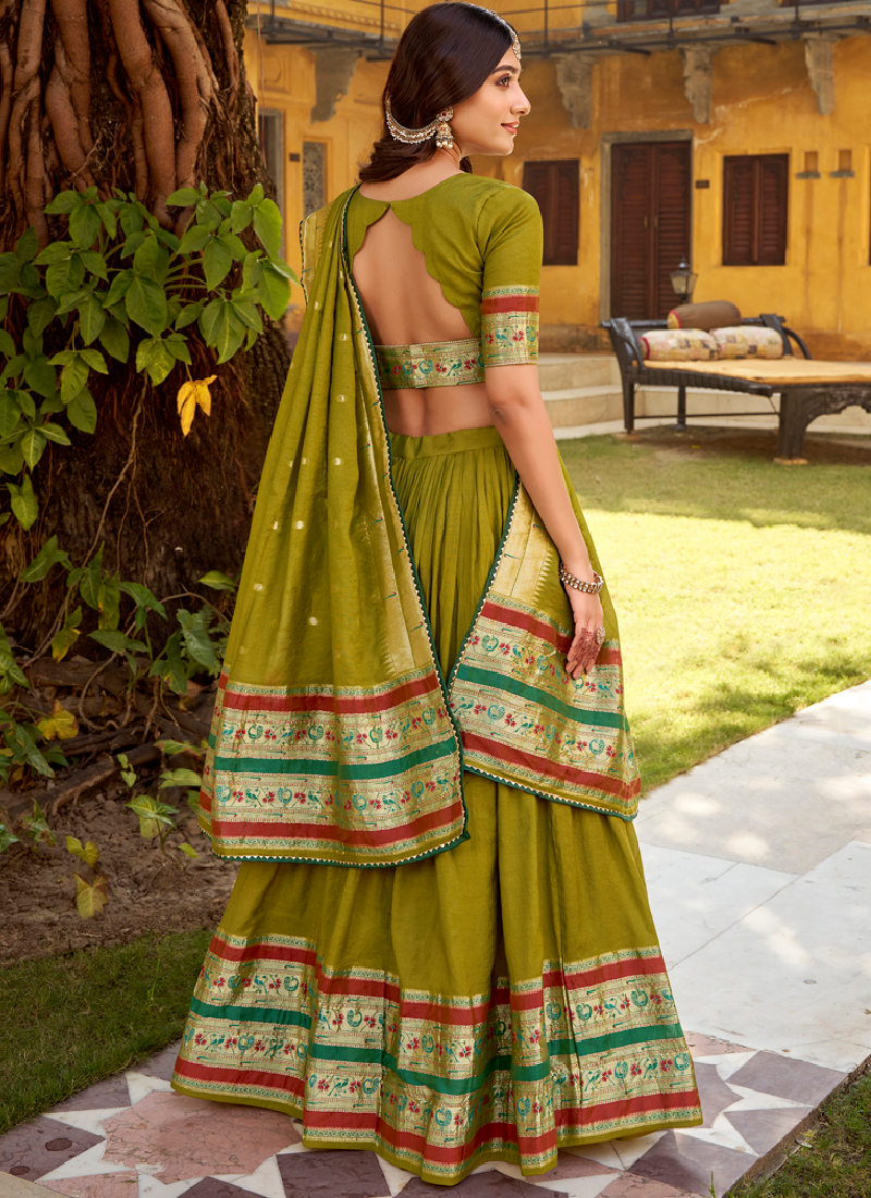 Chanderi Zari Weaving Work Mehendi Green South Indian Lehenga Choli