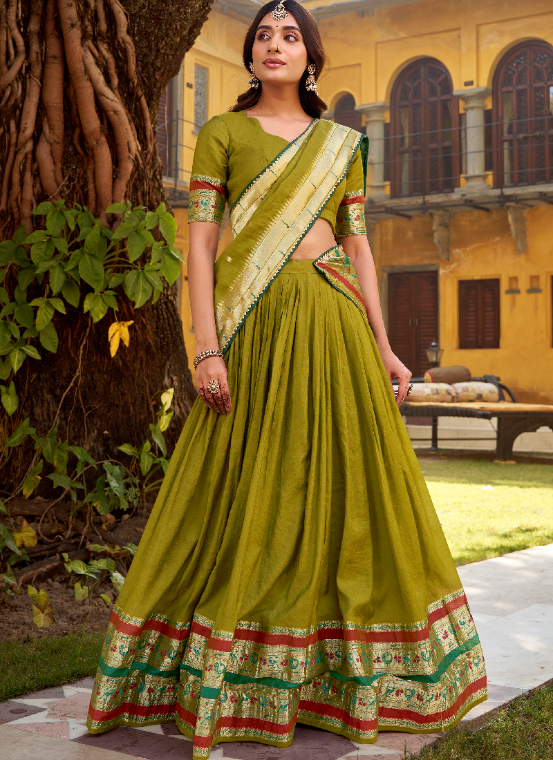 Chanderi Zari Weaving Work Mehendi Green South Indian Lehenga Choli
