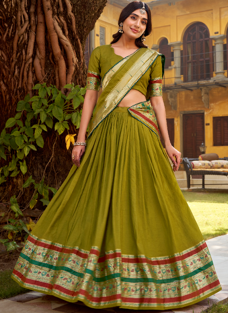 Chanderi Zari Weaving Work Mehendi Green South Indian Lehenga Choli