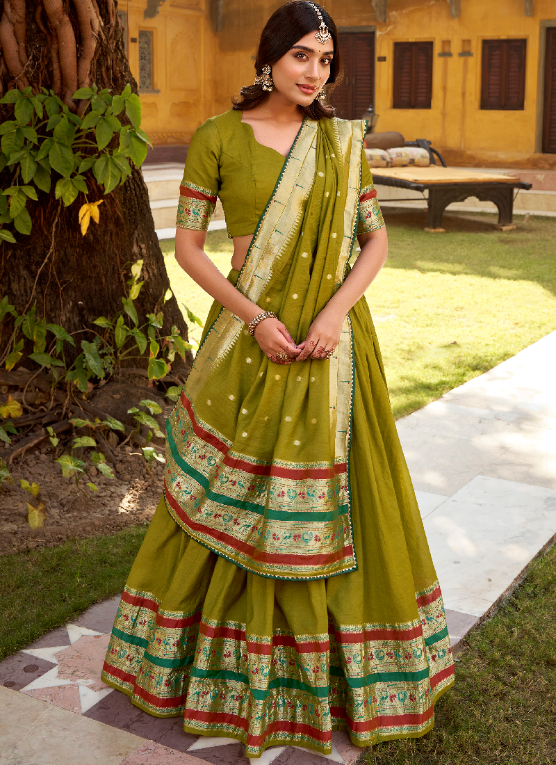 Chanderi Zari Weaving Work Mehendi Green South Indian Lehenga Choli