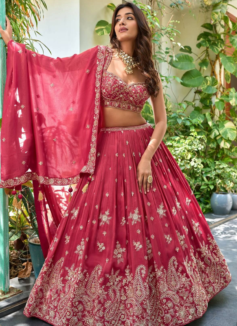Charismatic Coding Embroidered Deep Pink Chinon Silk Lehega Choli Set