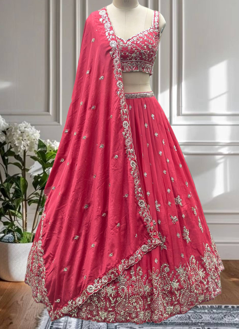 Charismatic Coding Embroidered Deep Pink Chinon Silk Lehega Choli Set