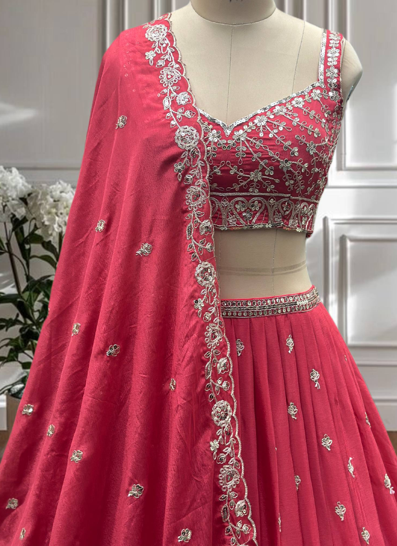 Charismatic Coding Embroidered Deep Pink Chinon Silk Lehega Choli Set