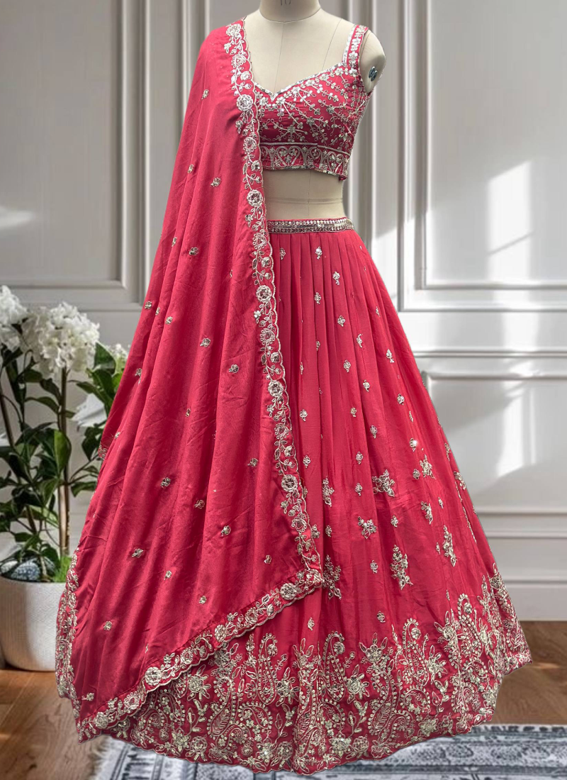 Charismatic Coding Embroidered Deep Pink Chinon Silk Lehega Choli Set