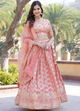 Charismatic Jacquard Sequence Embroidered Work Peach Lehenga Choli