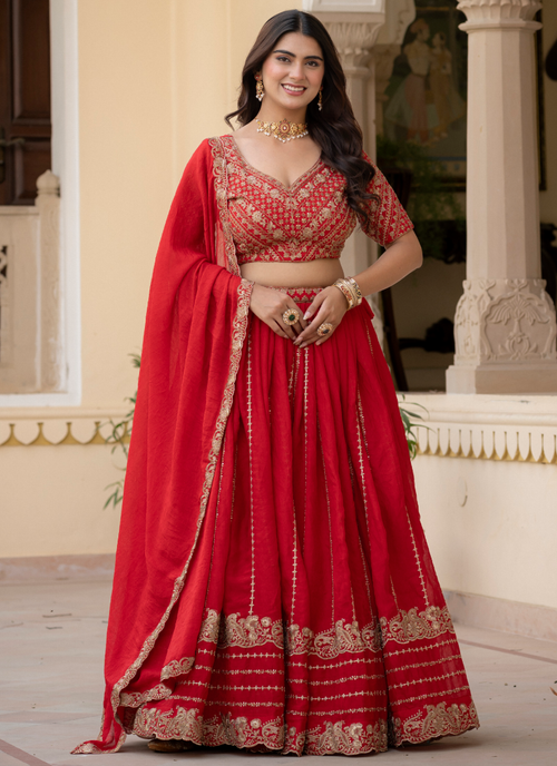 Charismatic Sequence Work Crush Silk Red Lehenga Choli For Women