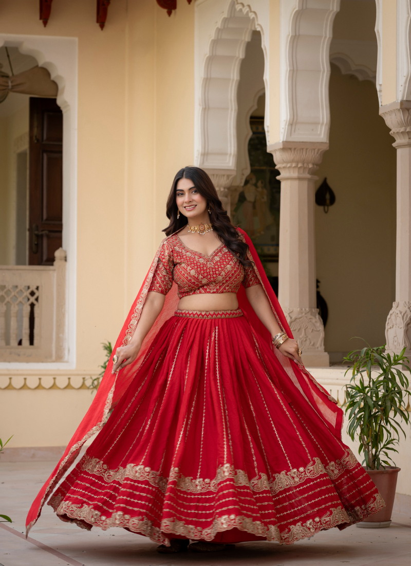 Charismatic Sequence Work Crush Silk Red Lehenga Choli For Women