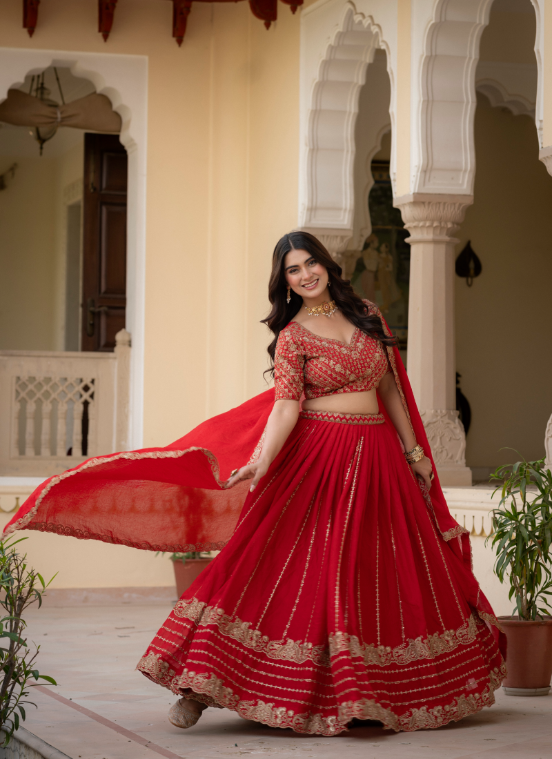 Charismatic Sequence Work Crush Silk Red Lehenga Choli For Women