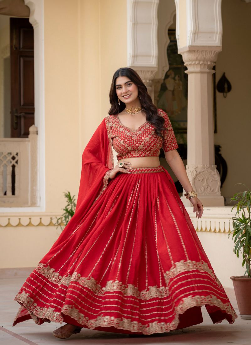 Charismatic Sequence Work Crush Silk Red Lehenga Choli For Women
