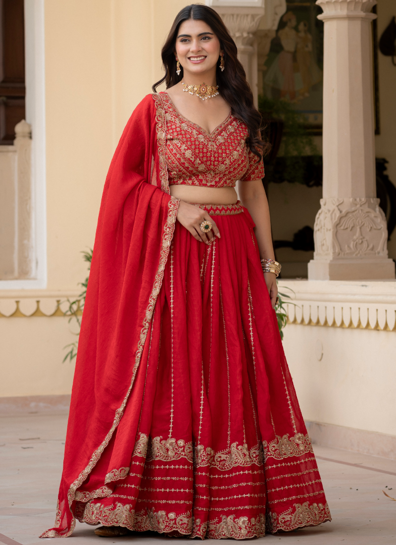 Charismatic Sequence Work Crush Silk Red Lehenga Choli For Women