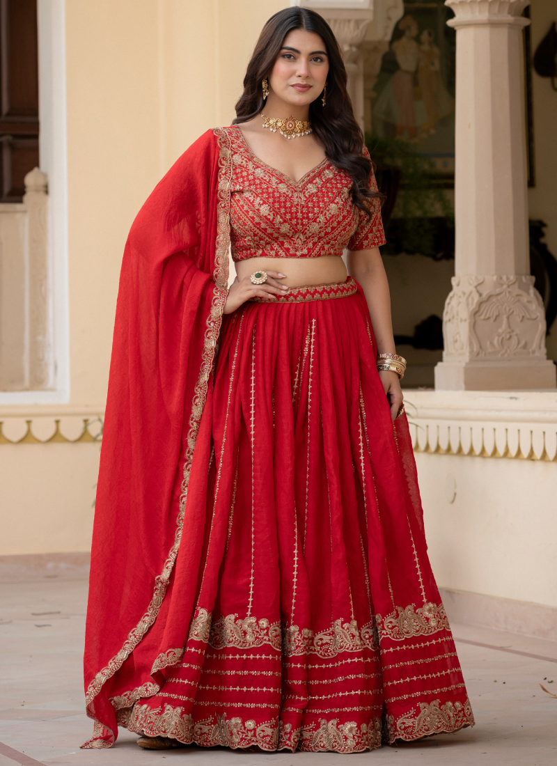 Charismatic Sequence Work Crush Silk Red Lehenga Choli For Women