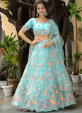 Charismatic Thread Embroidered Net Sky Blue Lehenga Choli For Women