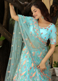Charismatic Thread Embroidered Net Sky Blue Lehenga Choli For Women