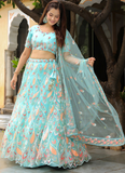 Charismatic Thread Embroidered Net Sky Blue Lehenga Choli For Women