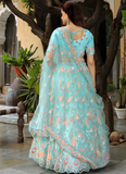 Charismatic Thread Embroidered Net Sky Blue Lehenga Choli For Women