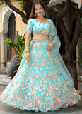 Charismatic Thread Embroidered Net Sky Blue Lehenga Choli For Women