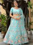 Charismatic Thread Embroidered Net Sky Blue Lehenga Choli For Women