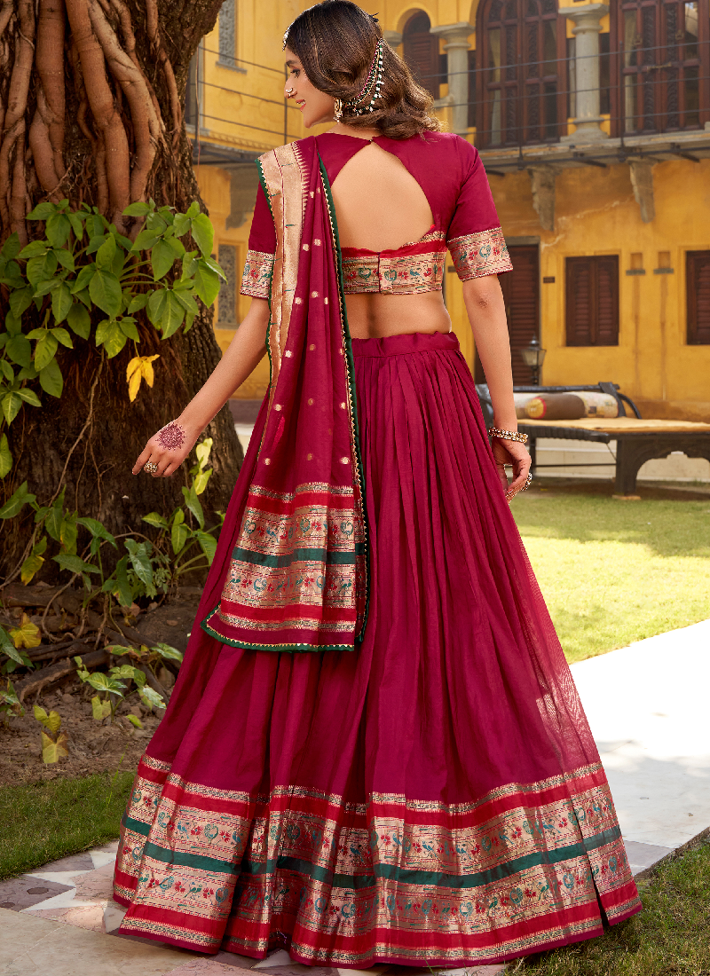Charismatic Zari Weaving Pure Chanderi Maroon Half Saree Lehenga Choli