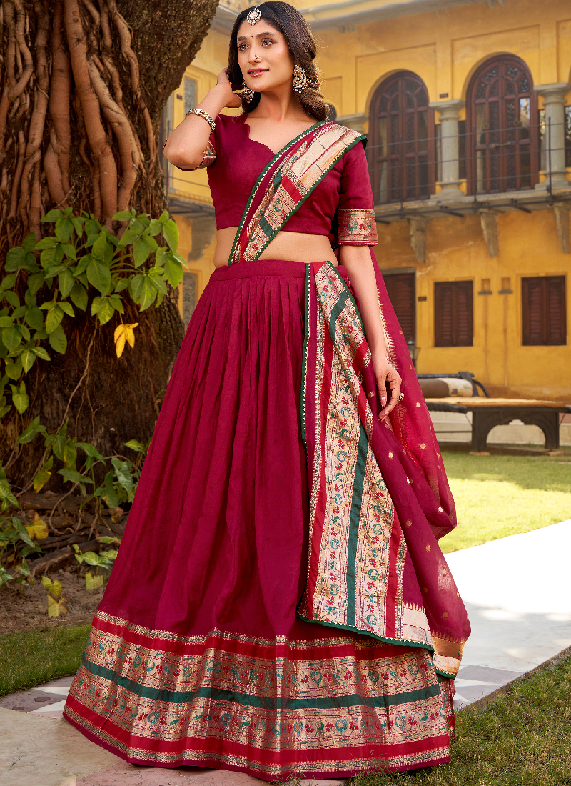 Charismatic Zari Weaving Pure Chanderi Maroon Half Saree Lehenga Choli