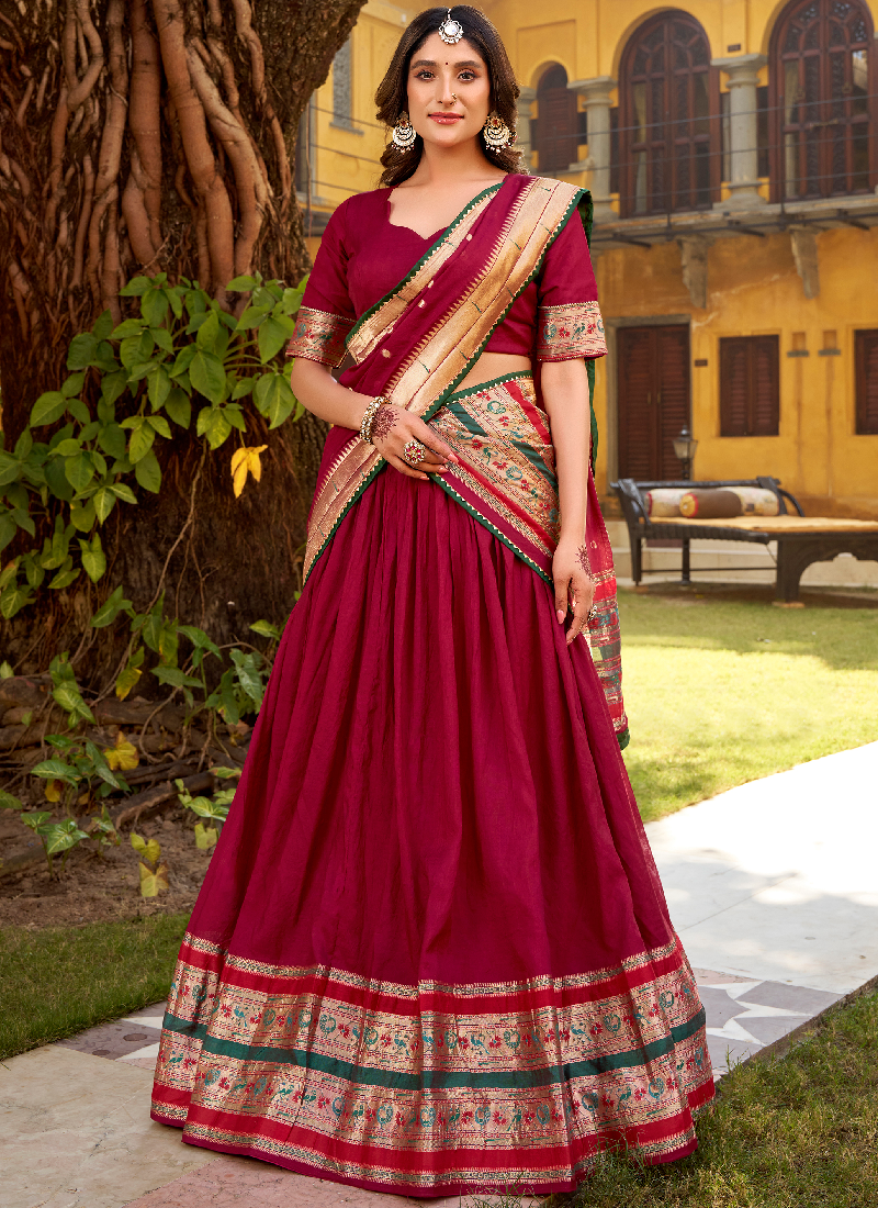 Charismatic Zari Weaving Pure Chanderi Maroon Half Saree Lehenga Choli