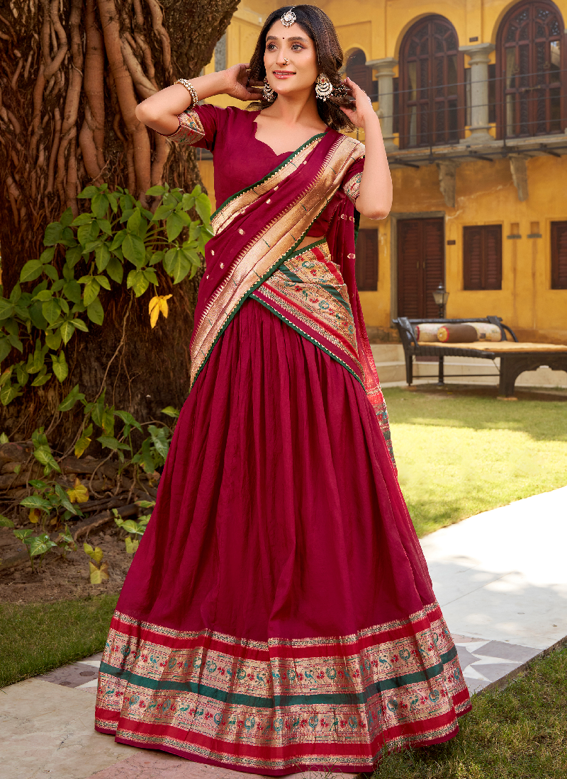 Charismatic Zari Weaving Pure Chanderi Maroon Half Saree Lehenga Choli