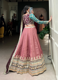 Charismatic Peach Zari Embroidered Work Moonga Silk Lehenga Choli