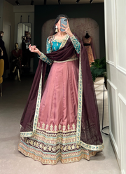 Charismatic Peach Zari Embroidered Work Moonga Silk Lehenga Choli