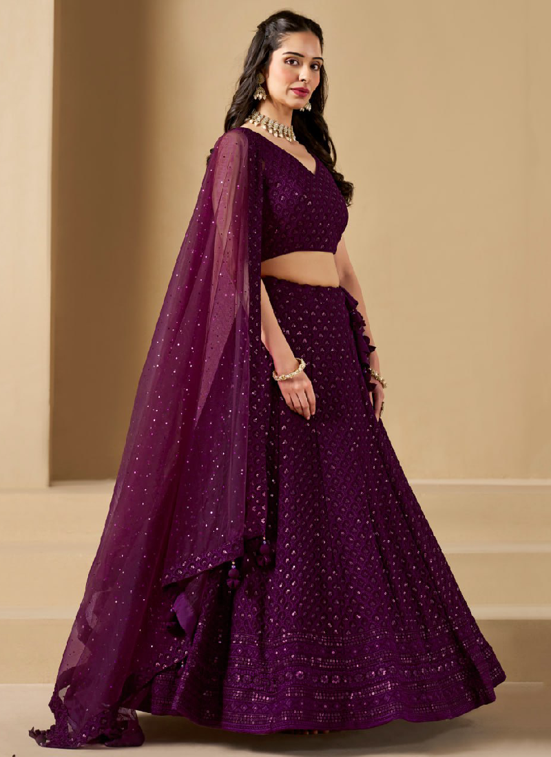 Charismatic Thread Work Georgette Wine Lehenga Choli With Dupatta