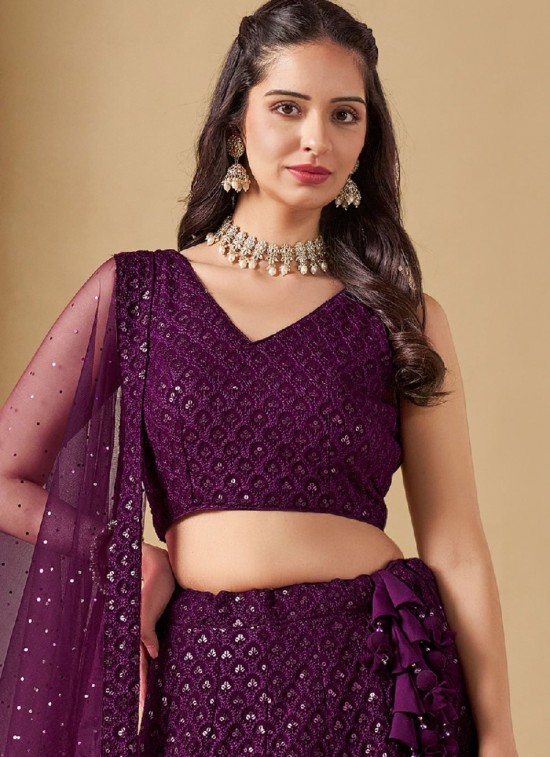 Charismatic Thread Work Georgette Wine Lehenga Choli With Dupatta