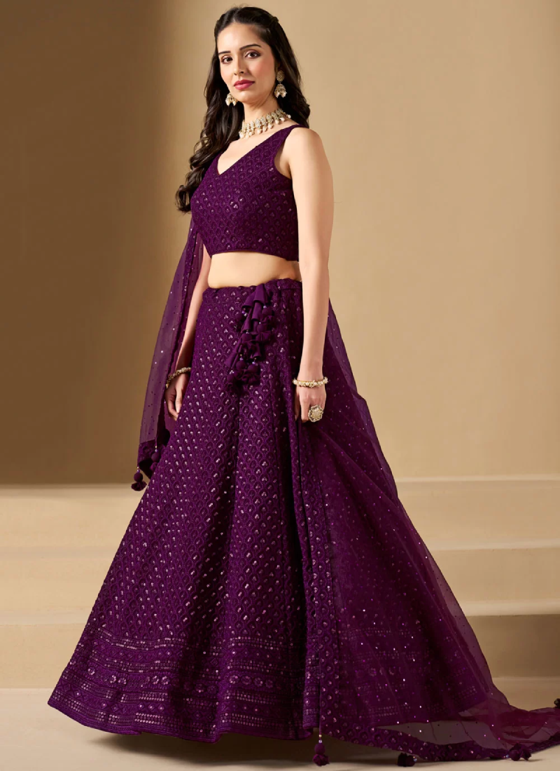 Charismatic Thread Work Georgette Wine Lehenga Choli With Dupatta