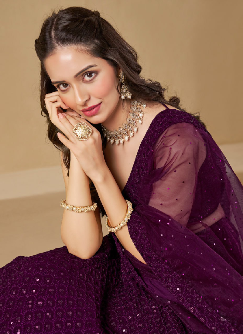 Charismatic Thread Work Georgette Wine Lehenga Choli With Dupatta