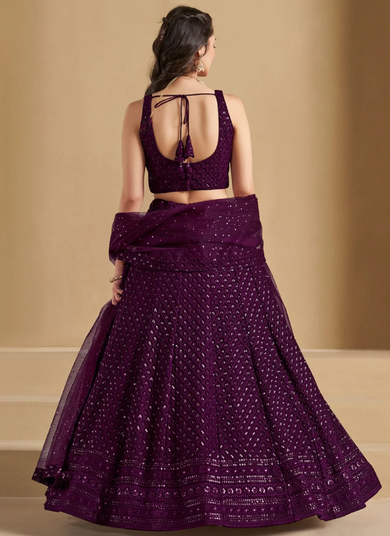 Charismatic Thread Work Georgette Wine Lehenga Choli With Dupatta