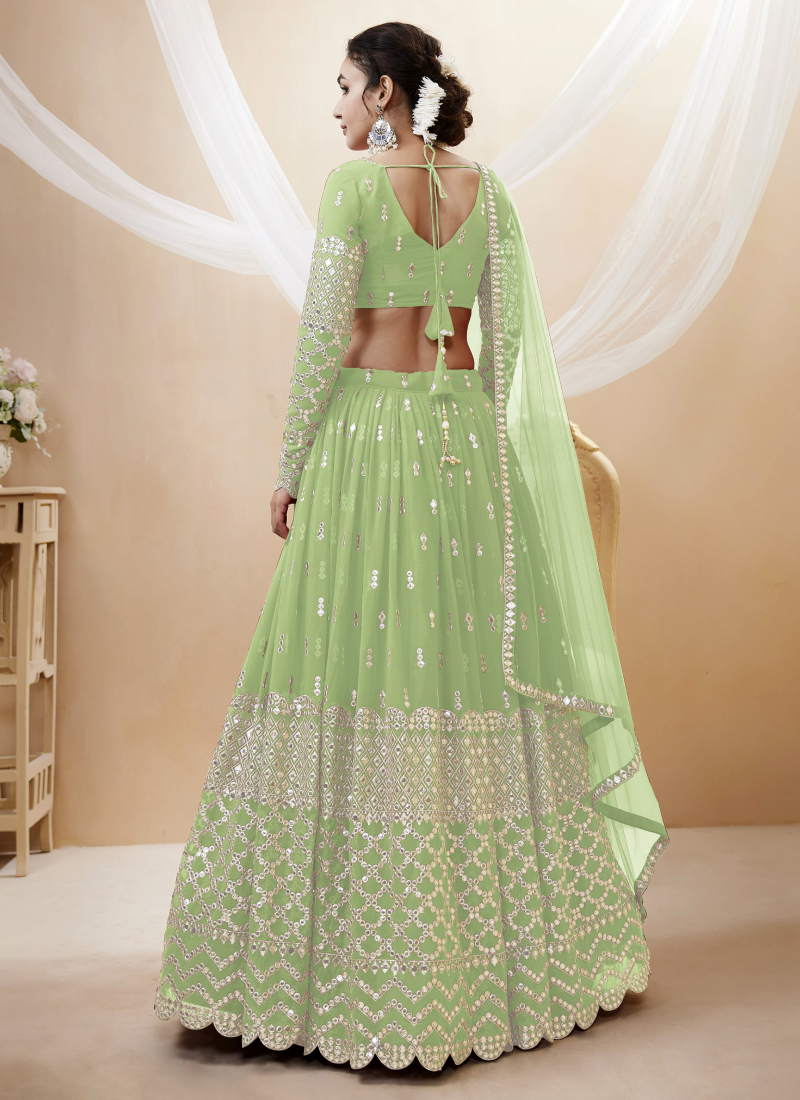 Charming Georgette Pista Green Embroidered Work Lehenga Choli