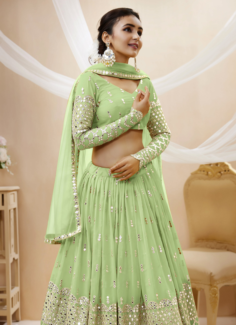 Charming Georgette Pista Green Embroidered Work Lehenga Choli