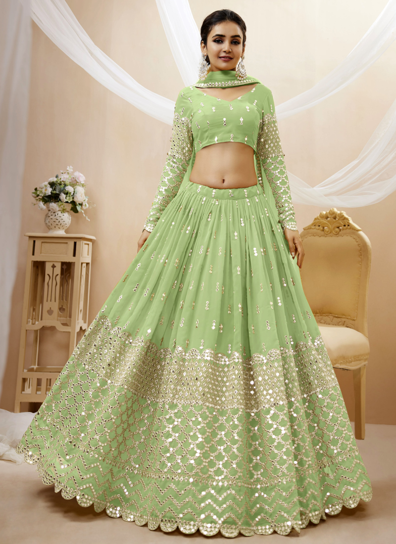 Charming Georgette Pista Green Embroidered Work Lehenga Choli