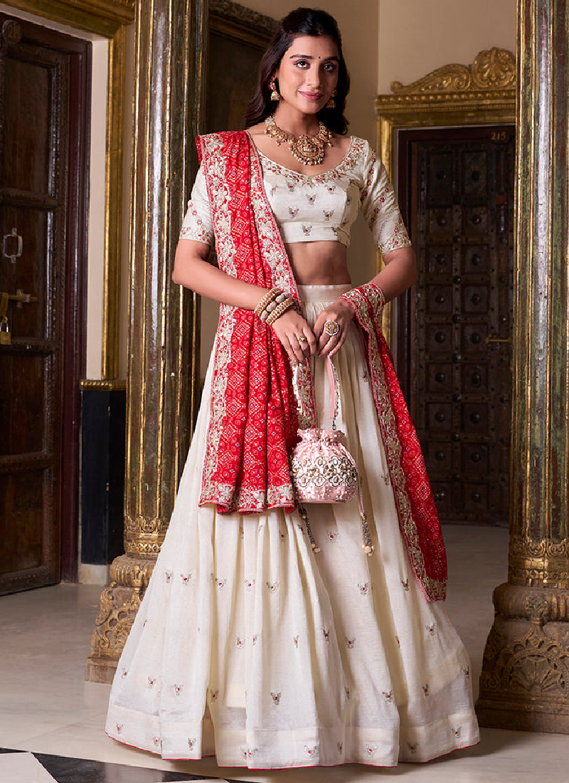Charming Thread Embroidery Work Vichitra Silk Off White Lehenga Choli
