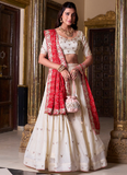 Charming Thread Embroidery Work Vichitra Silk Off White Lehenga Choli
