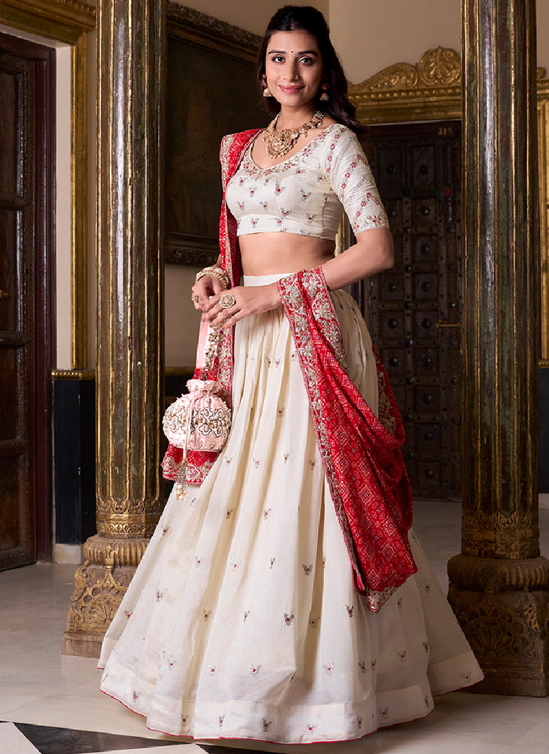 Charming Thread Embroidery Work Vichitra Silk Off White Lehenga Choli
