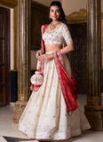 Charming Thread Embroidery Work Vichitra Silk Off White Lehenga Choli
