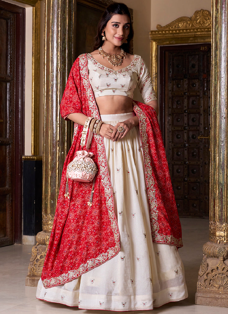 Charming Thread Embroidery Work Vichitra Silk Off White Lehenga Choli
