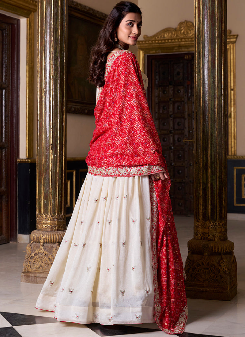 Charming Thread Embroidery Work Vichitra Silk Off White Lehenga Choli
