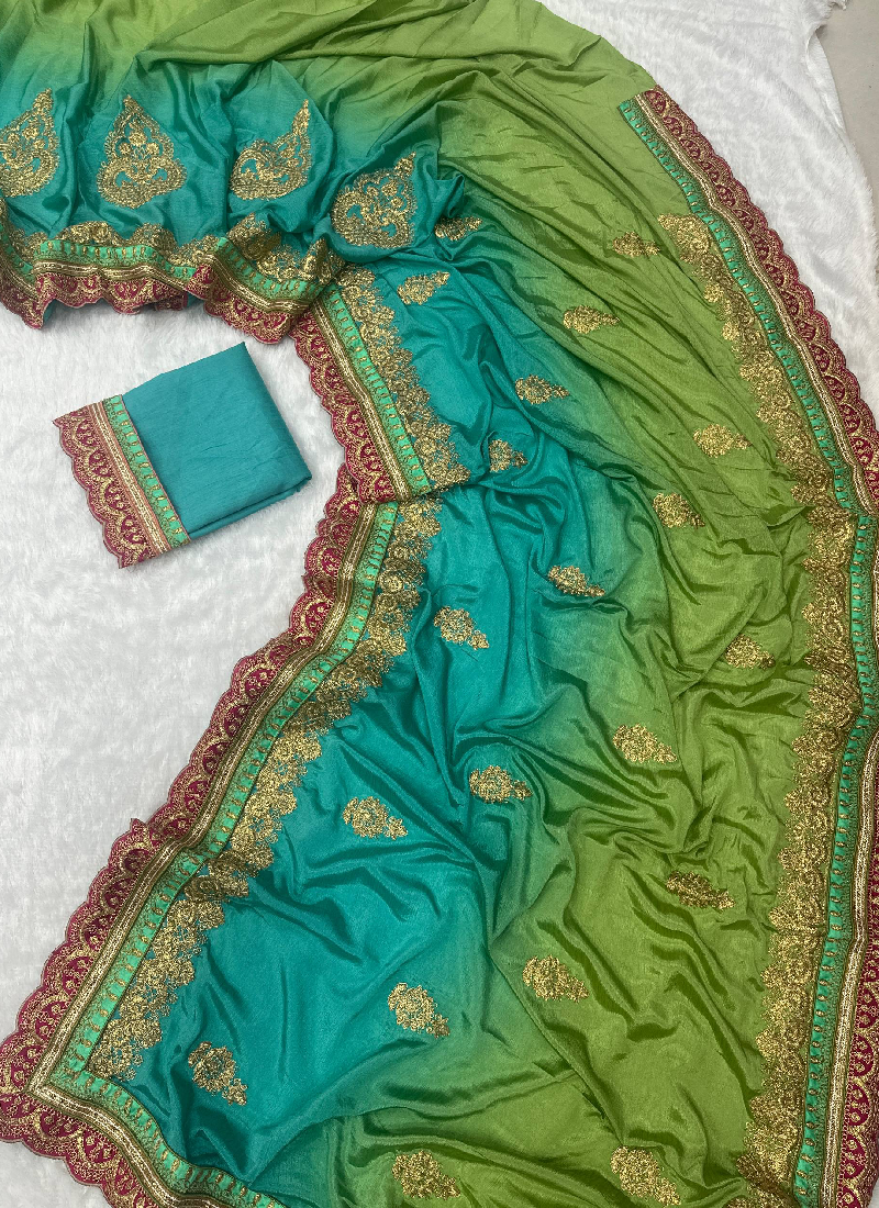 Chinon Silk Coding Work Parrot Green Wedding Wear Saree With Blouse